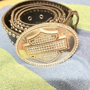 Like new woman’s ex 36 Harley Davidson leather belt crystal embellished buckle